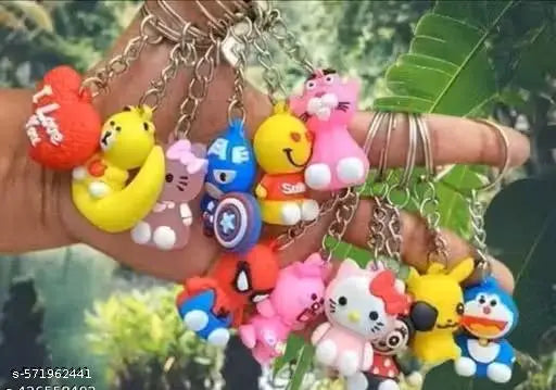 Cartoon Keychain Pack of 12 PCS for Kids, Multicolour, Rubber, Cartoon Theme, Novelty Style, Key Ring Hook Holder
