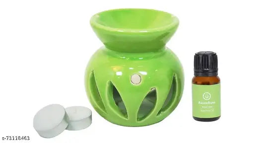 Aroma Ceramic Burner T-Light Candle Green Diffuser Pot for Home with 2 Tea Light Candle and 1 Aroma Oil- Fresh Lime 10ml