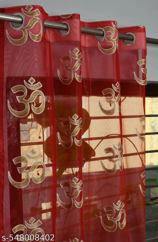 Embroidery net Om (ॐ) Design for mandir, temple, religious place and god curtain (Pack of 1) - Red