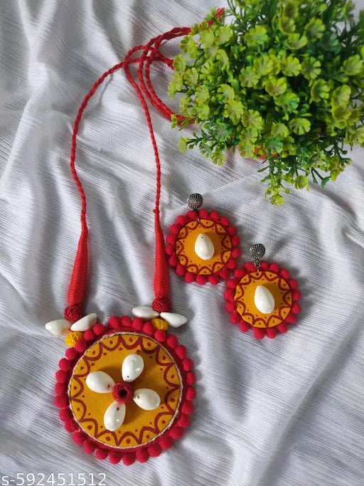Handmade Terracotta Necklace & Earrings Set / Ethnic Jewelry Set, With Original Sea Shell