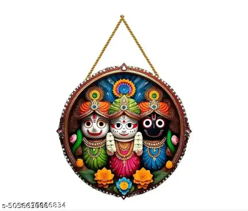 Jagannath Spiritual Wall Hanging For Mandir Decoration MDF Wood Wall Hangers For Home Decor Hexagonal Shape Wall Hanging With Golden Glitter Rope Size (30Cm x 30Cm) Jagan Nath Wall Hanger | Spiritual Wall Hangings For Home Decor (Set of - 1)