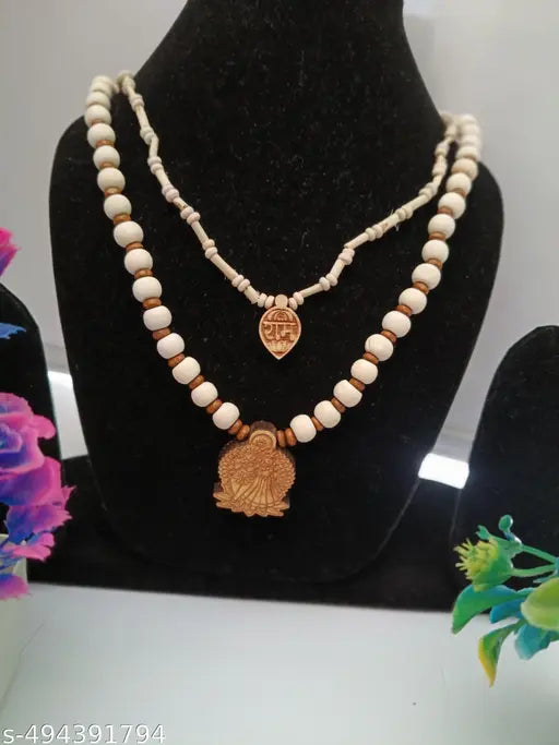 Dev Vidhya 100% Orginal Tulsi Wooden Radha Krishna locket Mala with Brown Beads For Spiritual Journey (Pack Of 2 )