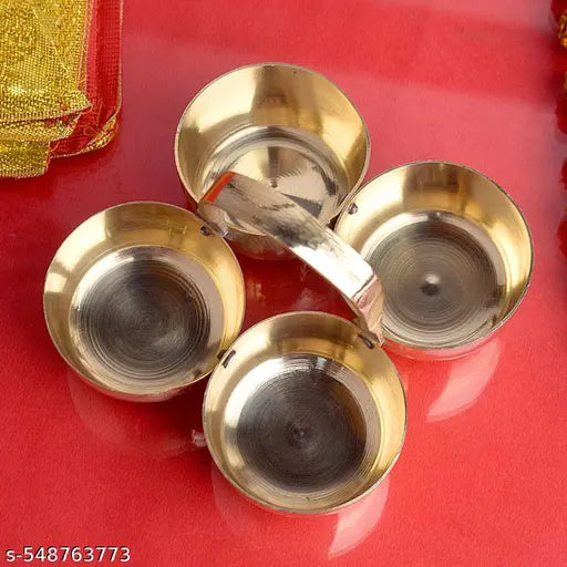 Brass Pooja Thali Set with Haldi Kumkum Rice Mishri | 4-in-1 Pooja Samagri Bowl Set with Handle | Temple Ritual Item for Home & Festival Use
