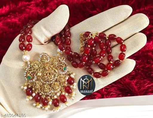 Manaal Jewels Designer Maroon Color Glass Beads with Astalaxmi Pendent for Women's & Girls