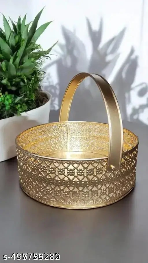 Pluxhomo Flower Basket | Pooja Basket with Handle | Dolchi Basket for Puja Brass Traditional Round Shape Pooja Basket/Pooja Dalia (8 Inch X 3.5inch)