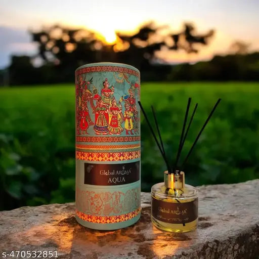 Global Aroma Reed Diffuser Set Aqua Fragrance 120ML Glass Bottle, Indian Art, Home Decor, Aromatic Diffuser, Gift Set With 5 Black Fiber Sticks