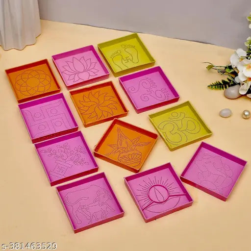 Doted Multi Design Ready to Draw Rangoli Making Stencils, Rangoli Plastic Stencils for Diwali Floor Decoration (Set of 12, Size3x3 Inch)