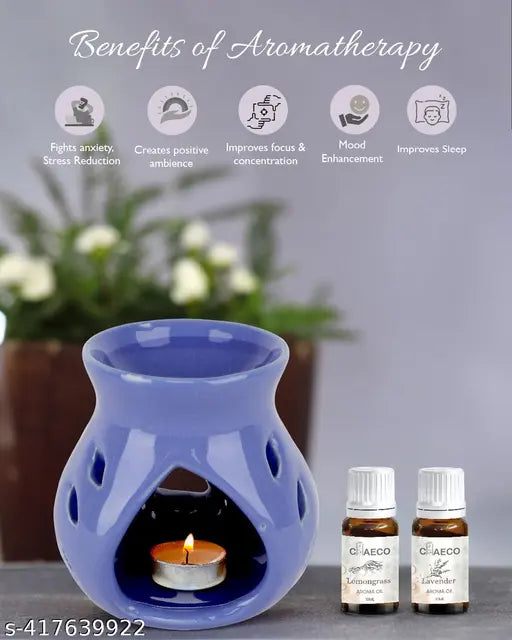 CHEECO Oil Burner Candle Diffuser for Home Fragrance, with 1 T-Light & 2 10 ml Aroma Oil-Fragrance Lemon Grass & Lavender (Purple Diffuser Pot)