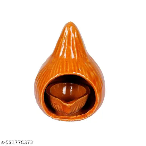 AL- BISMI Ceramic Oil Lamp for Pooja Room, Diya Lamp,  Pack of 1 with Free Thread Wicks (Large, Coconut Shape)