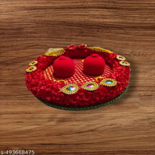 Engagement/Shadi/Nikah/Sagai Ceremony Decorative thali Ring Holder Shagun Plate Wood Decorative Platter (Red)
