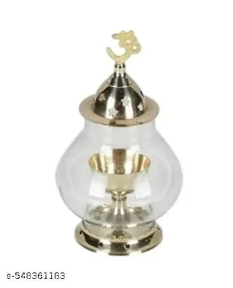 SriMaa Ventures Decorative Brass Akhand Diya with Om Carving and Protective Glass Cover | Curved Ideal Oil Lamp/Diya/Deepak for Meditation Spaces, Temple Shelves, Indian Festivals, Diwali Festivals, Home Worship