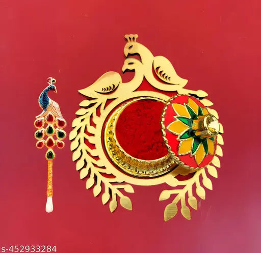 Fancy Sindur Dabbi with Peacock Design Shape With Free Tilak Stick for Wedding | Pooja Articles Gifting Sindur Dani - Kumkum Box with Beautiful Peacock Stick for Multi-Purpose (kumkum Box, Beautiful Peacock Stick) Use Goldencolour