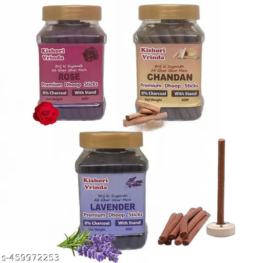 Kishori Vrinda "Premium Rose, Chandan & Lavender Dhoop Sticks Combo Pack - 100 gm Each Box | Natural & Soothing Fragrances for Pooja & Relaxation"