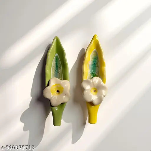 Kraftlik Handicrafts Leaf Ceramic Incense Stick Holder | Stylish Leaf-Shaped Agarbatti Stand for Pooja & Home Décor – Decorative Ceramic Showpiece Set of 2 (YELLOW-GREEN)