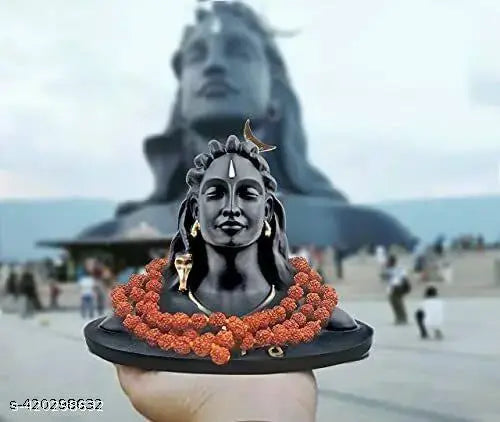 ADDEND Premium Adiyogi Shiva Statue Idol Murti | Black Polyresin Adiyogi with Rudraksha Mala | Small Shiva Idol for Car Dashboard, Home Decor, Office Desk, Pooja Room, Meditation Showpiece & Spiritual Gift | Diwali Decoration Gift | 10 cm