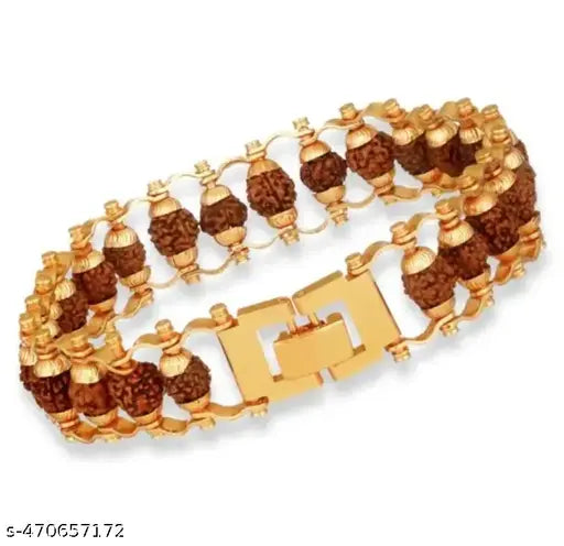 Woofh Gold Plated Metal Natural 5 Mukhi Rudraksha Designer Stylish Bracelet 6-7mm Original channel design for Men Women Buys Girls Unisex Spiritual Jewelry for Positive Energy and Healing