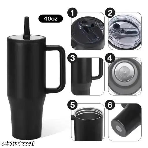 1200ML Stainless Steel Tumbler Hot and Cold with Handle and Lid 1 Straw Double Insulated Cup 100% Leak Proof Mug Cup Holder for Gym Travelling (4Gen Black)
