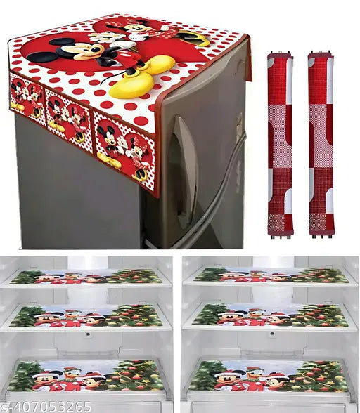 Aneja Store Premium Quality Refrigerator Fridge Cover Combo of Exclusive Decorative 1 Fridge TOP Cover, 6 Fridge MATS And 2 Handles (9 PCS Set