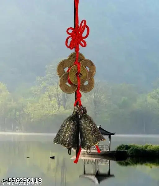 Fengshui Vastu Lucky Brass Hanging 2 Bell Six Coins Main Entrance Door Hanging for Home Office Wealth Prosperity Spiritual Decor
