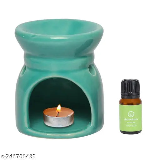 Candle Diffuser for Home Fragrance, Aroma Oil Burner with 1 T-Light & 1-10 ml Aroma Oil -Fragrance Fresh Lime (Green Diffuser Pot)