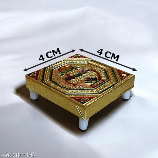 Golden Kalash Meenakari Puja Chowki Set of 3 | Traditional Wooden Bajot for Mandir & Festivals