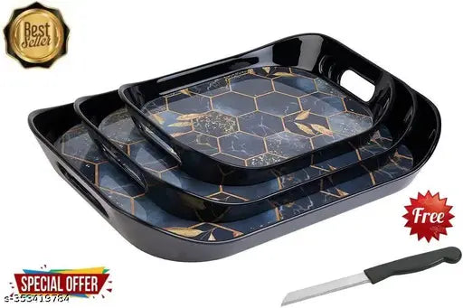 Premium Serving Tray Set of 3 Honeycomb Design Plastic metrial Glossy Finish BPA Free Trays for Kitchen and Office (Black,Set of 3) [ FREE VEG. KNIFE ]