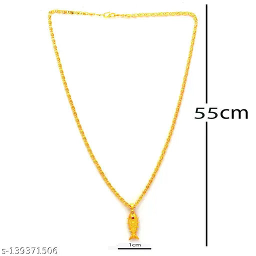 Jewar Mandi Fine Gold Plated Fish Locket Brass Pendant Designer Jewellery with Chain for Men