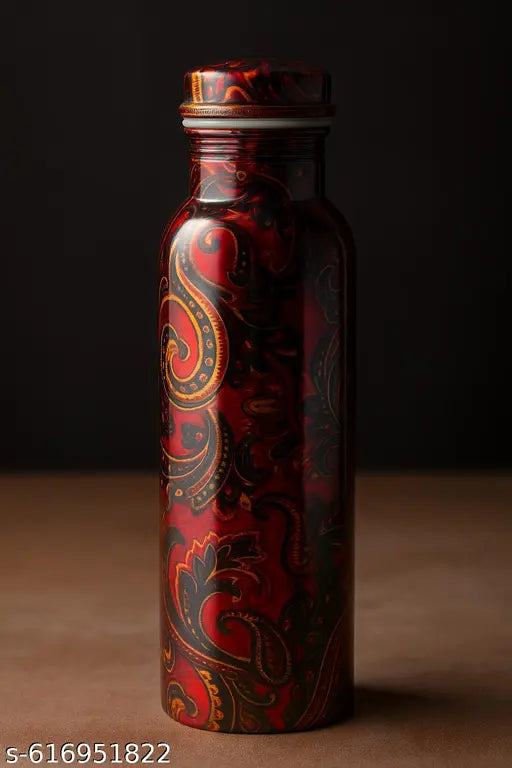 Elegant Red Paisley Copper Water Bottle – 1L | Handmade Ayurvedic Flask for Daily Hydration & Wellness
