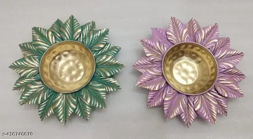 AM Handicrafts Leaf Shape Metal 7 Inches Urli Bowl for Floating Flowers, Candles, Home Décors,Gift & Diwali Decorations, Set of 2 ( Pink & Dark Green )