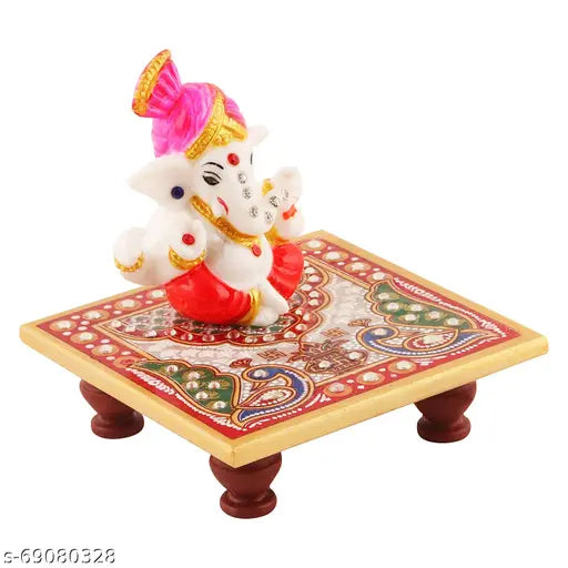 Marble Ganesh Ji Idol with Marble Chowki Design for Home Temple, Office Desk, Car Dashboard, Mandir Pooja Room & Auspicious Gift