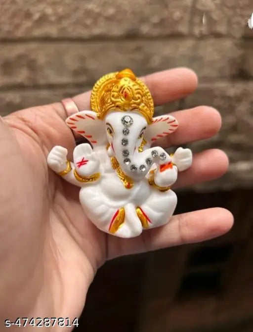 Ganesha Marble Diamond work Hand Crafted  Premium Idol Statue Showpiece for Car Dashboard Decoration Items for Home Decor Mandir Living Room Bedroom Pooja Room Office Table Decorative Gifts