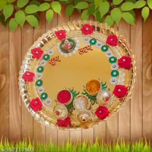 P.A. Decorative Golden Pooja Thali Set with Ganeshaji/Haldi kumkum Holder/Rolli chawal Plate for Rakhi,Wedding,Festival.[10 Inch]