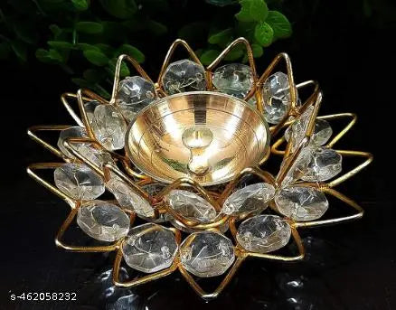 A&S VENTURES Set of 2 Golden Lotus Flower Shape Crystal Brass Diyas For Diwali Pooja - Diwali Diya for Puja - Housewarming | Ganesh Chaturthi | Diwali Gift Items - Diwali Decoration Item For Home Decor