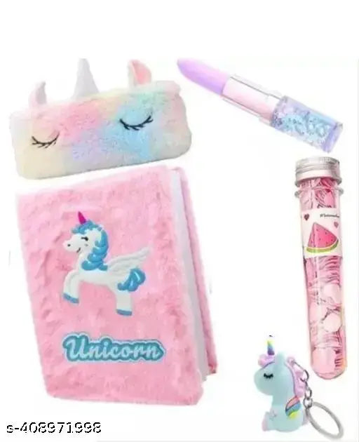 BQFY Elegance stationery hamper (Unicorn fur diary, unicorn fur pouch, lipstick pen, unicorn keychain and pack of paper soap