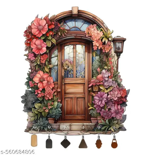 Wooden Key Holder for Wall | 12x9 Inches Floral Door Design | Pine Wood Key Hanger with 6 Hooks| Decorative Wall Hanging Key Stand | Wooden key holder for wall | Key hanger for wall decorative | Designer key holder for home | Pine wood key stand | Wall mo
