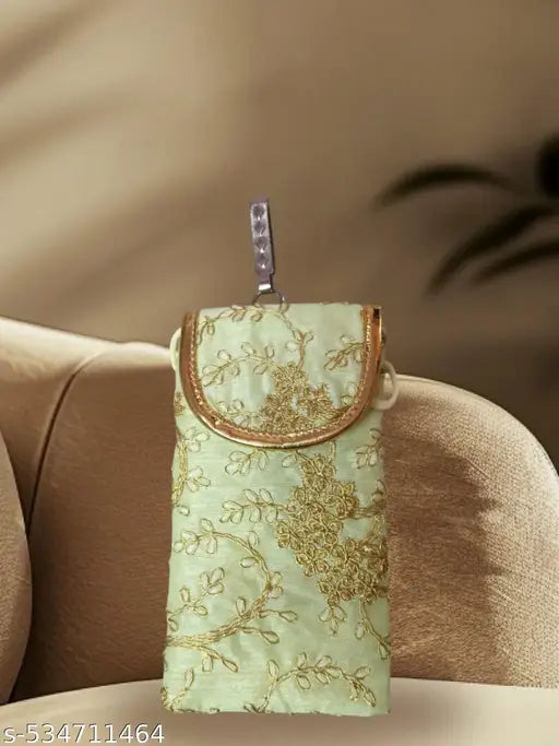 Sumera warq Embroidered Mobile Phone Pouch Cover, Mint Green with Gold Floral Design, Women's Accessory