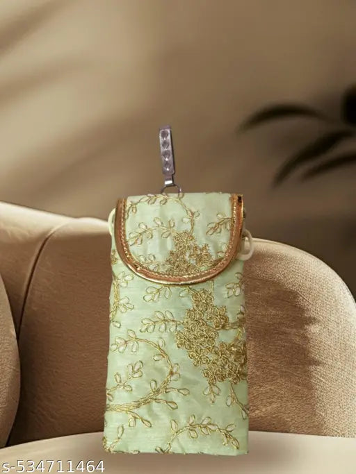 Sumera warq Embroidered Mobile Phone Pouch Cover, Mint Green with Gold Floral Design, Women's Accessory