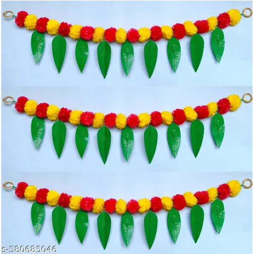 toran pack of 3 , Artificial Marigold Flower Door Toran with Mango Leaves & Ganeshh Ji Design – Pack of 3 | Decorative Bandarwal for Home, Pooja, Festival (39 Inch)