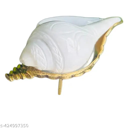 Bhabani Antique Shop Small Jal Shankh (Water Conch) With Brass Shankha Stand for Pooja & Home Décor – Natural Conch Shell for Spiritual/Ritual Use ( Small Size 7 CM , Pack Of 1 )