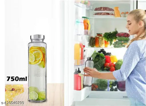 Fancy Glass Water Bottle 750ml with Leak-Proof Stainless Steel Lid for Water, Smoothie, Juices - Reusable Travel Glass Drinking Fridge Bottles Pack of 4