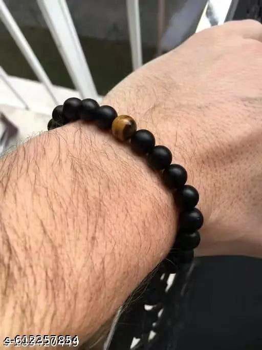 Black Onyx with Tiger Eye Single Stone Combination Beads Bracelet Reiki Healing and Meditation, Protection, Confidence, Will Power for Men and Women (8 mm)