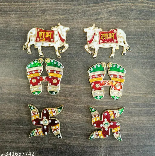 Crafonic Meenakari Cow Shubh Labh Stickers Laxmi Charan Paduka Swastik (Satiya ) Set for Wall & Door Decoration, Diwali Decoration Stickers (Pack of 6 Sets)