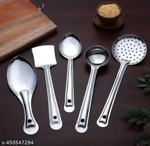 5 Pieces Stainless Steel Kitchen Tools Set for Kitchen Cooking and Serving, Pack of 5, Ladle(Karchhi), Skimmer(Jhara), Turner/Spatula (Palta), Basting and Rice Spoon, Silver