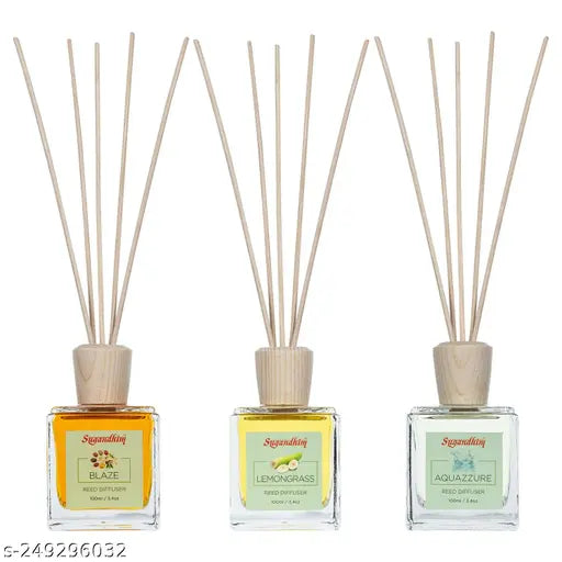 Sugandhim Reed Diffuser Lemongrass Blaze Aquazzure, Pack of 3, 3 x 100ml, 5 Reed Sticks In Each, Living Room, Bedroom, Office, Gifting Set, Pleasant Fragrance, Maintenance Free, Eco Friendly, Made In India