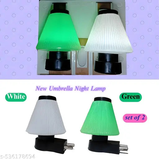 White & Green Umbrella Shape LED Night Lamp for Bedroom, Kids Room & Mandir | Energy Saving Plug-in Light(SET-2)