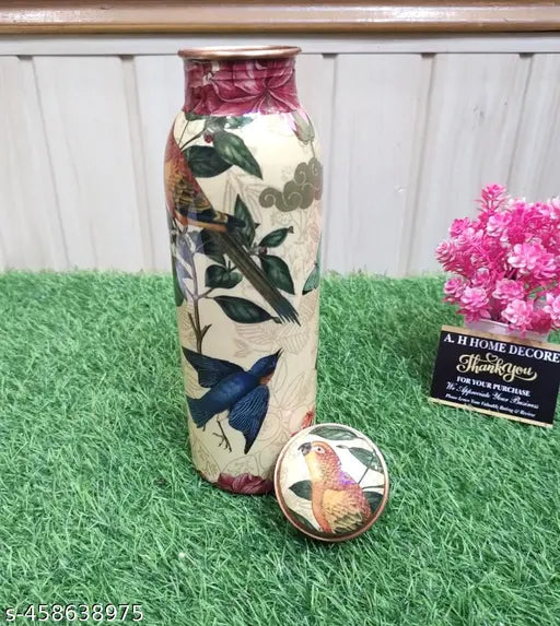 700ml Pure Copper 9'' Water Bottle For Drinking – 34 Oz – Ayurvedic Pure Copper Flowers and Birds Design Meena Water Bottles For Drinking More Water - Leak Proof Heavy Duty Copper Vessel 100% Leak Proof, For Home, Office, Gym Gift 10 inches