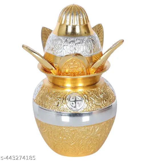 Gold German Silver Pooja Kalash with Decorative Embossing and Velvet Gift Box