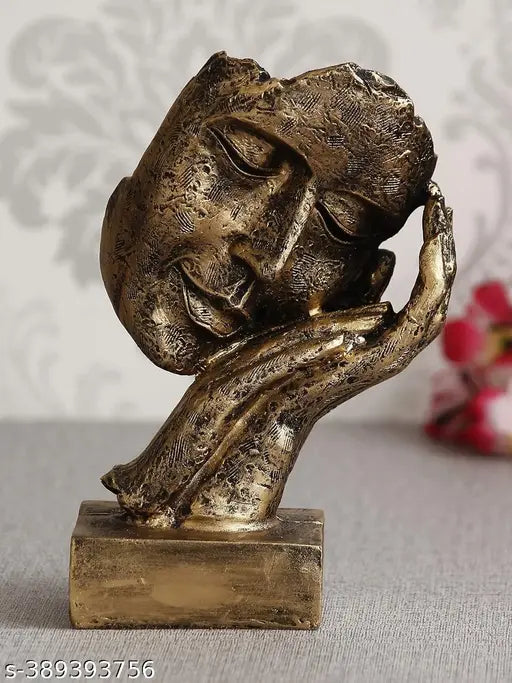 DAY CREATION Antique Look Human Face Resting On Hands Handcrafted Polyresin Showpiece, Gold
