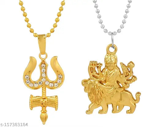 Morvi Gold Plated CZ Lord Sherawali Durga with Trishul Combo Pendant Locket Men