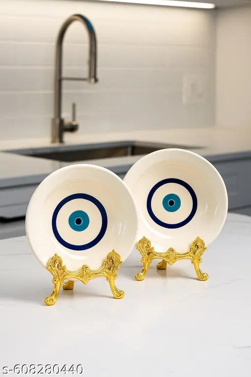 Ceramic Evil Eye Decorative Plate Set with Golden Stand – Blue Nazar Wall & Table Decor, Protective Home Ornament, Good Luck Gift, Modern Kitchen & Living Room Decoration Plates